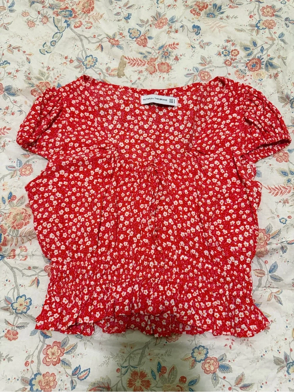 Faithfull the Brand Red Ditsy Floral Smocked Crop Top